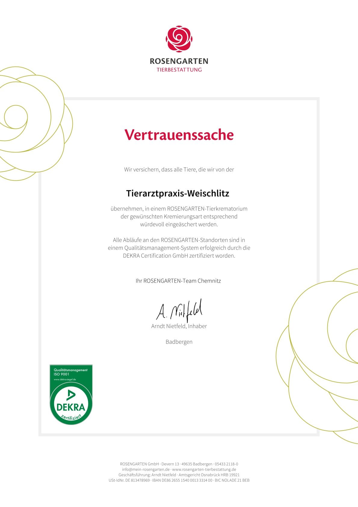 Zertifikat für die Rosengarten Tierbestattung